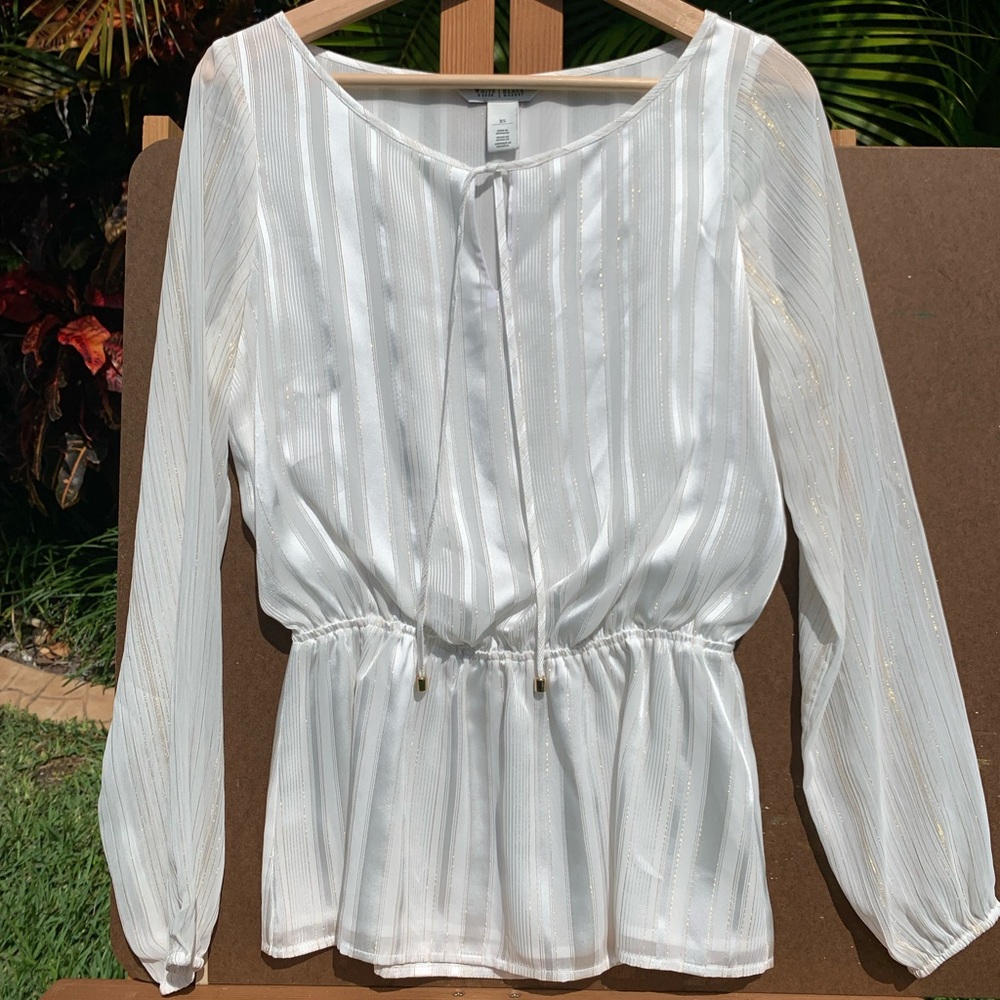 WHBM white with gold pinstripe long sleeve top